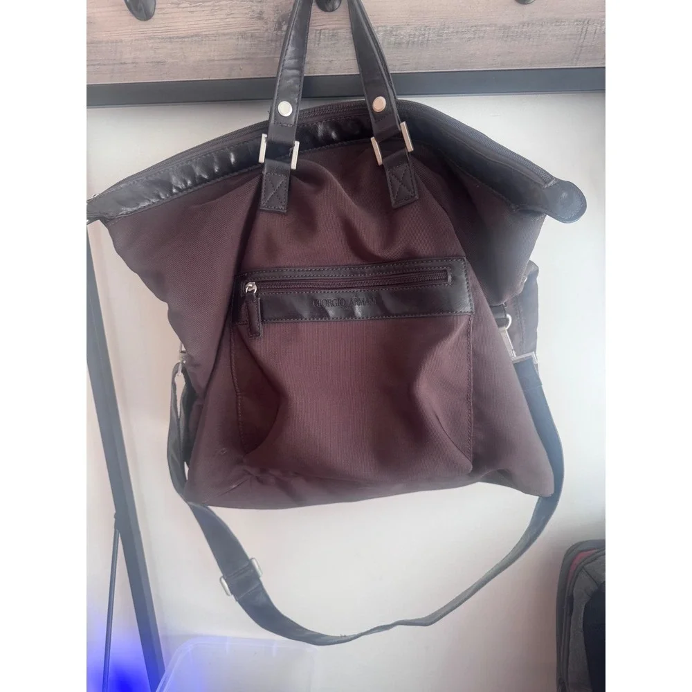 Giorgio Armani Brown Canvas Leather Trim Tote Crossbody Bag Large Travel Bag